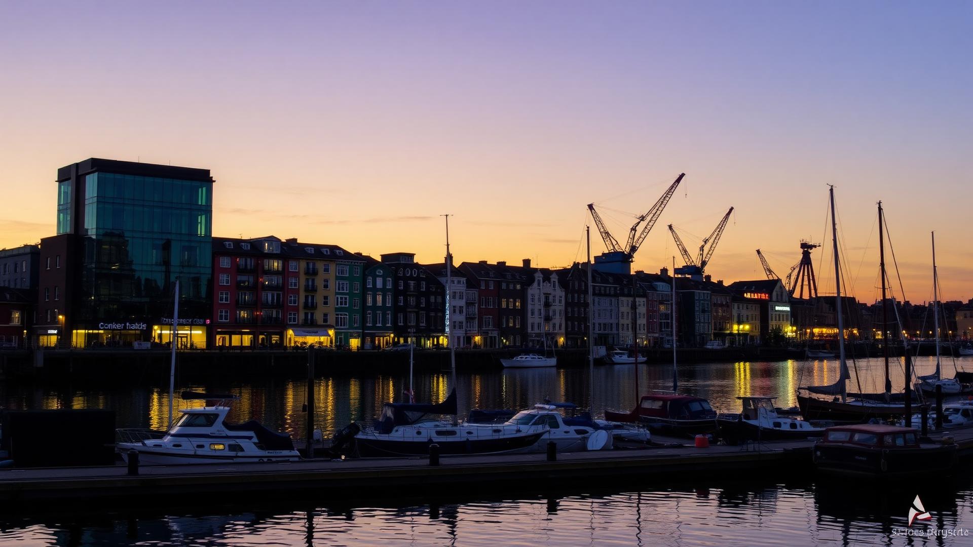 Cheap Websites Bristol — Bristol Harbourside at dusk with colourful buildings, boats and historic dockside cranes