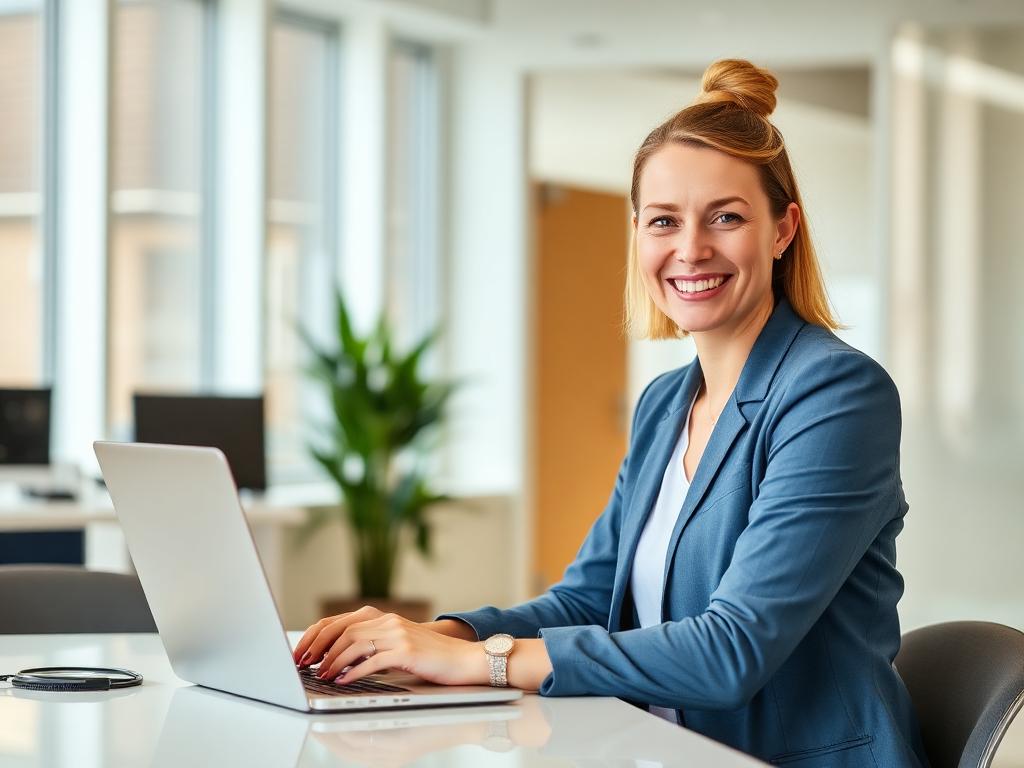 Cheap Websites Bristol — Friendly health consultant smiling at laptop, Pay Monthly Website Plan